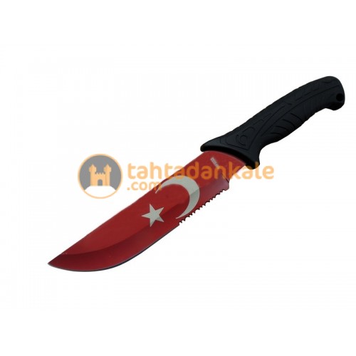 Muhtelif,BCY-MF032RD,Bıçaklar,Ayyıldız MF032 RD Kırmızı Av Bıçağı 31cm - Testere Detaylı Bıçak, Kılıflı, Plastik Sap