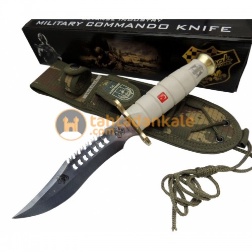 Halmak,BCY-Beyaz,Bıçaklar,Halmak Beyaz Kurt Tırtıklı Oluklu Komando Bıçağı 30 cm - Kamuflaj Kılıflı