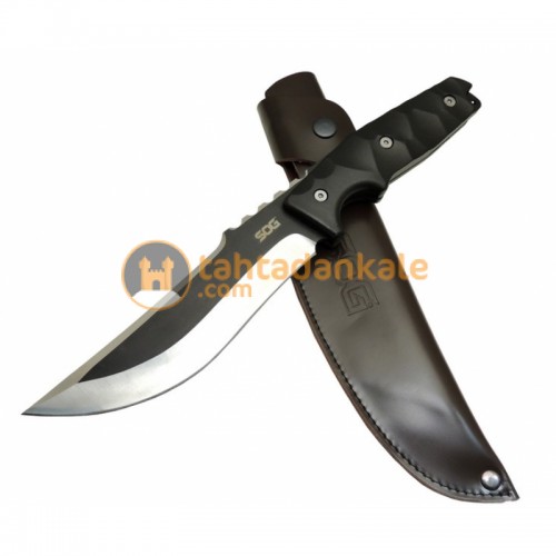 Sog,BCY-JL-01AB,Bıçaklar,Sog Longhorn Fixed JL 01AB Siyah Outdoor Bıçak 31,5cm - Plastik Sap, Deri Kılıf, Tırtıklı Sırt